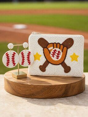 BUNDLE DEAL! Baseball Theme Beaded Coin Pouch & Seed Beaded Earrings NEW NWT